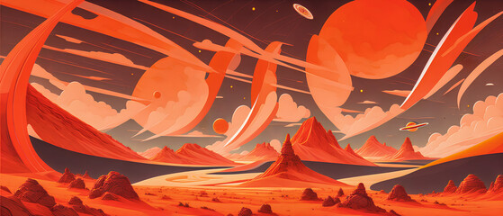 Wall Mural - Red planet with rocky terrain, in a stylized drawing, Generative AI.