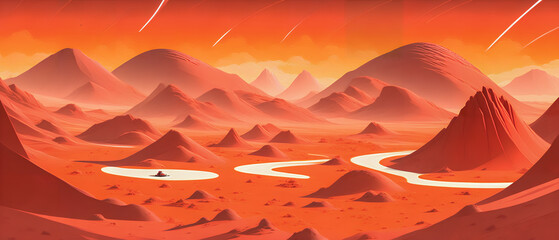 Wall Mural - Red planet with rocky terrain, in a stylized drawing, Generative AI.