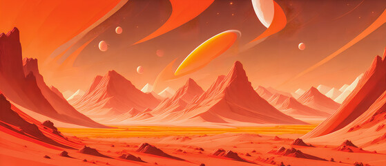 Wall Mural - Red planet with rocky terrain, in a stylized drawing, Generative AI.