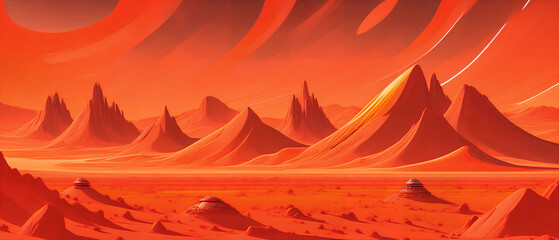 Wall Mural - Red planet with rocky terrain, in a stylized drawing, Generative AI.