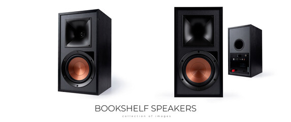 Black loudspeaker with wooden housing on white background - 3D render