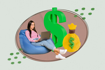 Poster - Collage artwork graphics picture of happy smiling lady earning money modern device isolated painting background