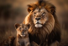 The Bond Between A Male Lion And Its Cub Is Strikingly Depicted In A Portrait Photography Composition