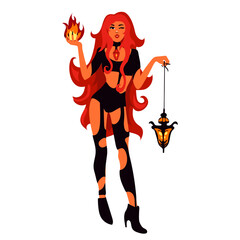Wall Mural - A beautiful young witch of red, orange color with a fire and a street lamp in her hands. Halloween costume concept. Modern vector illustration hand drawn. Templates of posters stickers for the holiday