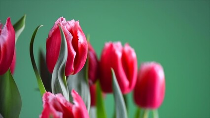 Wall Mural - Tulip flowers bunch. Blooming red tulips flower on green background, closeup. Holiday gift, bouquet, buds. Beautiful spring flowers macro shot. Valentine's Day gift, birthday gift concept, flowers. 