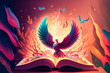 An open book releases a flock of phoenixes, symbolizing rebirth and renewal. A mystical and ethereal digital illustration with warm and vibrant colors. Generative AI