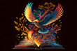 This digital illustration depicts a book that lets a flock of phoenixes fly away. The vibrant and warm colors give a sense of passion and vitality. Generative AI