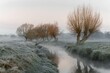 Beautiful shot of a stream flowing through a frosty field with trees at sunset