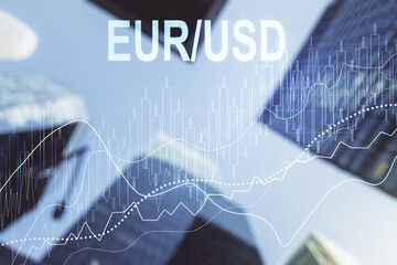 Abstract virtual EURO USD financial chart illustration on office buildings background. Trading and currency concept. Multiexposure