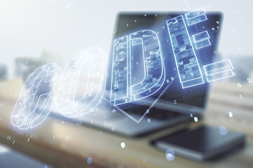 Wall Mural - creative code word sign and modern desktop with pc on background, international software development