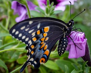 Wall Mural - Close-up shot of a Papilio polyxenes butterfly resting on a flower