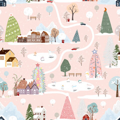 Wall Mural - Seamless pattern Winter, Christmas landscape in the town with pine tree,fairy tale house,car,polar bear playing ice skate,Vector cute cartoon design Village on Christmas eve,New year 2024 background