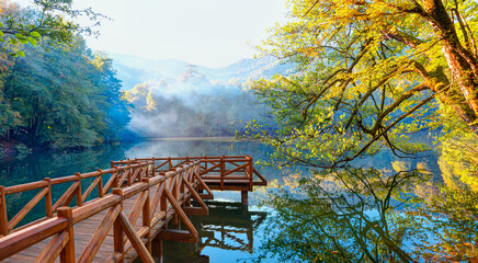 Poster - Autumn forest landscape reflection on the water with - Autumn landscape in (seven lakes) National park of  Yedigoller, Bolu 