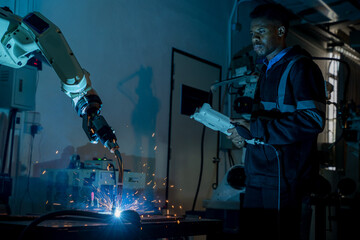 Wall Mural - Engineer inspection control a robot arm welding machine with a remote system in an industrial factory,Artificial intelligence concept.