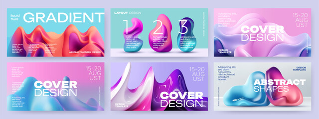 Wall Mural - Abstract covers or horizontal posters  in modern minimal style for corporate identity, branding, social media advertising, promo. Modern layout design template with 3d dynamic liquid gradient shapes