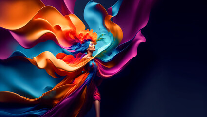 girl in a fantasy ethereal of multicolored fabric and ink. woman posing with an imaginative and fanc