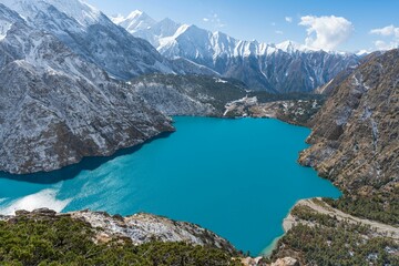 Sticker - Drone shot of Phoksundo lake surrounded by mounts, in Shey Phoksundo National Park, Ringmo, Nelap