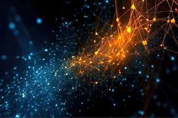 black blue orange tech futuristic background, light, abstract glowing rays with flickering particles, plasma clot of energy, lines, dots, science and technology, network, generative ai.
