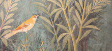 Italy, Pompeii - Luxury Roman House Interior, Fresco Detail With Bird In A Garden
