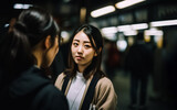 Fototapeta  - Asian girl is seen interviewing a subject for a news story, showcasing her communication skills and attention to detail. generative AI