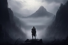 Rear View Of A Medieval Warrior Hero With A Sword Standing Against The Backdrop Of A Mountain On A Foggy Day. Mystical Dark Fantasy Illustration. Generative AI