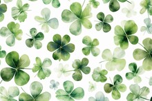 Watercolor Seamless Pattern On The Theme Of St. Patrick's Day. Green Four-leaf Clover Leaves On A White Background. Holiday Print. Generative AI