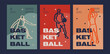 Set of Basketball banners with players. Modern sports posters design in grunge style, sketch, engraving. Hand drawing. Sports print, cover, template, sports covers, basketball hoop.