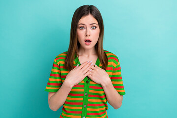 Canvas Print - Photo of shiny shocked lady wear striped cardigan arms chest open mouth isolated turquoise color background