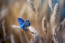 A Blue Butterfly Is On A Leaf In A Field Of Tall Grass. Generative AI