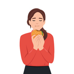 Beautiful woman with closed eyes is eating a cheeseburger. Fastfood. Flat vector illustration isolated on white background