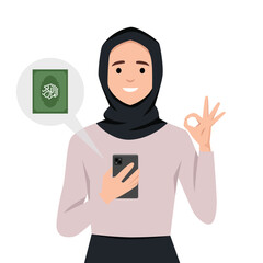 Muslim woman holding phone and giving ok sign because she has quran app in her mobile phone. Flat vector illustration isolated on white background