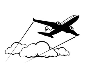 Plane above clouds. Silhouette airliner flying in sky. Vector icon on transparent background