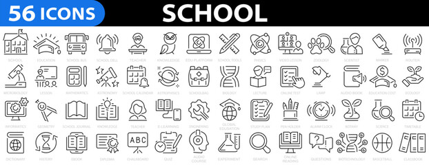 School 56 icon set. Education and back to school. Students and teacher icons. Thin line icons set. Education and knowledge symbol. Outline icons collection.