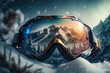 Snowboard Goggles In The Snow, Close Up View, The Mountains Are Reflected In The Glasses - Generative AI