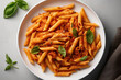 © Anastasiia - Penne Allarrabbiata On White Plate, Top View. Generative AI