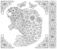 Floral Beaver. Adult Coloring Book Page With Fantasy Animal And Flower Elements.