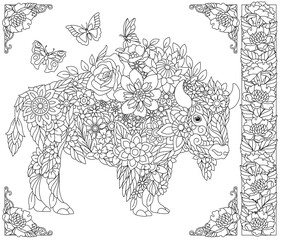 Wall Mural - Floral bison. Adult coloring book page with fantasy animal and flower elements.