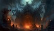 © oleksii - Portal to hell, featuring a terrifying gateway with fiery flames, smoke, and demonic creatures. The scene exudes an overwhelming sense of danger and dread, reminiscent of Dante's vision of the inferno