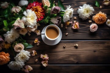 Wall Mural - Coffee on wooden table with flowers. Generative AI