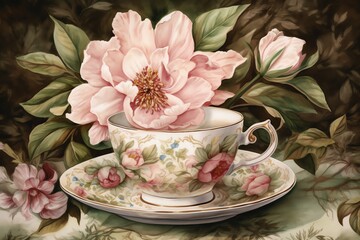 Canvas Print - Detailed painting of tea cup with pink flowers. Generative AI