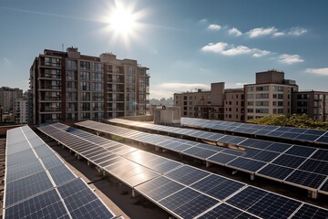Wall Mural - Rooftop solar array for renewable energy in sustainable city planning. Generative AI