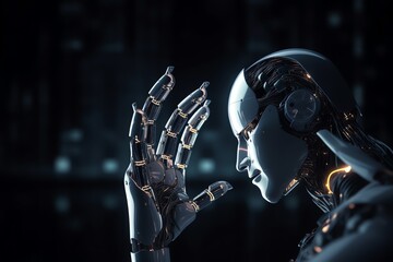 Wall Mural - robotic hand in virtual world. generative ai