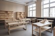 © Pixel Matrix - Stylish beige classroom with desk row and shelf. Generative AI