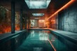 © Carter - Abstract architectural concrete and rusted metal interior of a minimalist house with swimming pool and neon lighting. 3D illustration and rendering. Generative AI