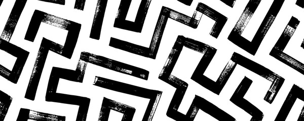 Abstract maze geometric seamless pattern. Hand drawn labyrinth vector background. Square grunge brush strokes. Maze lines pattern. Black and white tech texture. Geometric motives in retro style. 