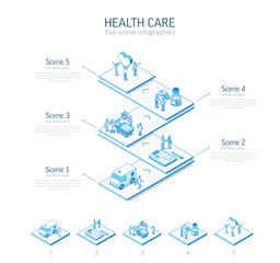 3d line isometric healthcare infographic template. Medical care presentation layout. 5 option steps, process parts concept. Doctor, nurse teamwork, patient treatment illustration. Clinic diagnostic