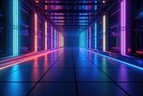 Fototapeta Perspektywa 3d - Sci-fi futuristic background wall spaceship tunnel with glowing neon multi color lighting effects Generative AI Illustration