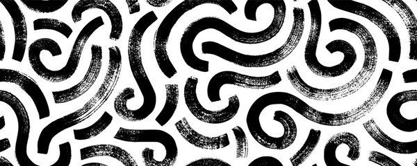 Poster - Wavy and swirled brush strokes seamless pattern. Thick and bold texture curved lines. Abstract art background in Memphis style. Geometric grunge pattern with swashes. Brush drawn swirled lines.