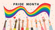 © Chompoonuth - People hold hands up Celebrates LGBT pride month. Illustration, Poster, Vector , Background or wallpaper.