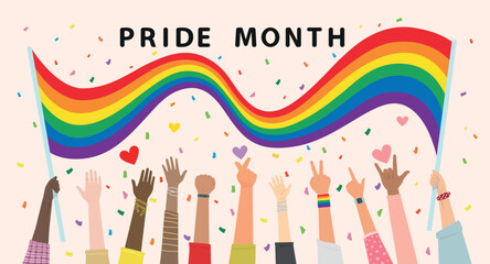 People hold hands up Celebrates LGBT pride month. Illustration, Poster, Vector , Background or wallpaper.   